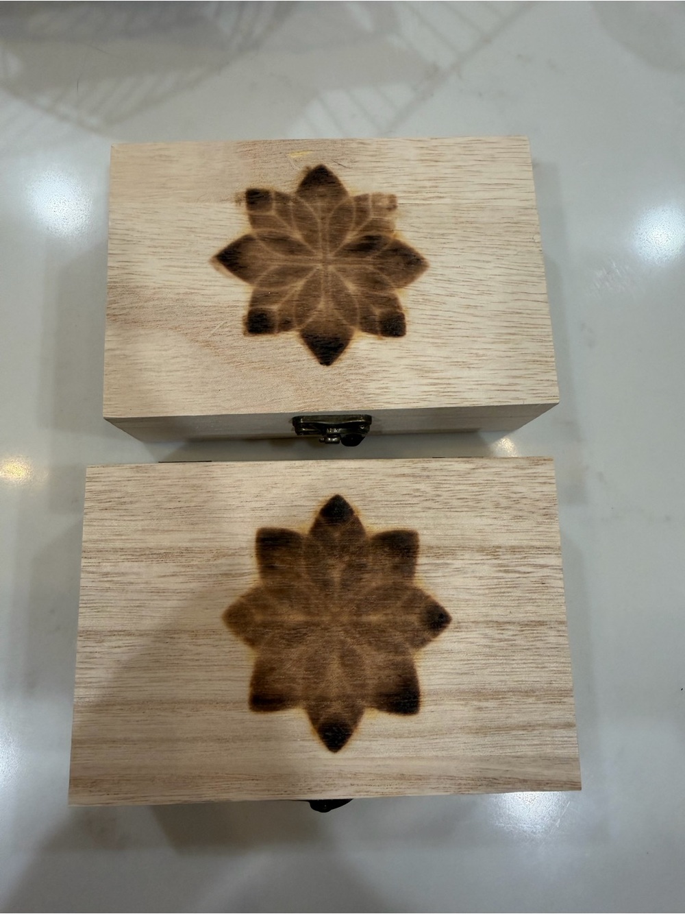 Handmade Wooden Box Set with Burned Floral Motif - Light Wood